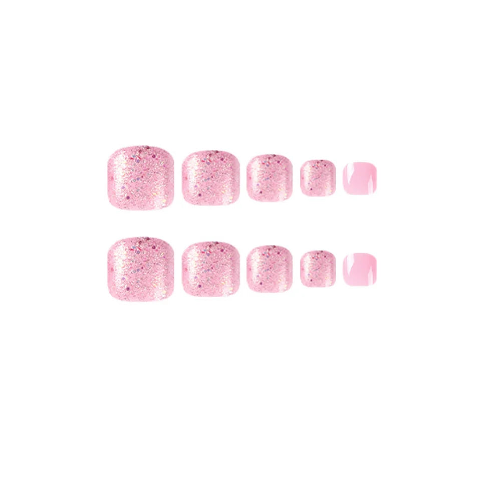 Ddbos 24Pcs/Set Wearable False Nails Gentle Pink Press on Toe Nail Pieces Glitter Fake Toe Nails Short Acrylic Fake Nails Art Finished