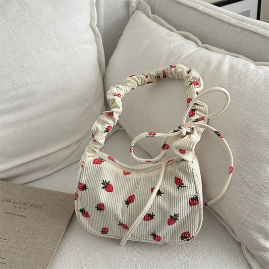 Ddbos Women Small Underarm Bag Corduroy Handbag Cute Strawberry Print Little Tote Half Moon Design Eco Cloth Purse Mini Shoulder Bags