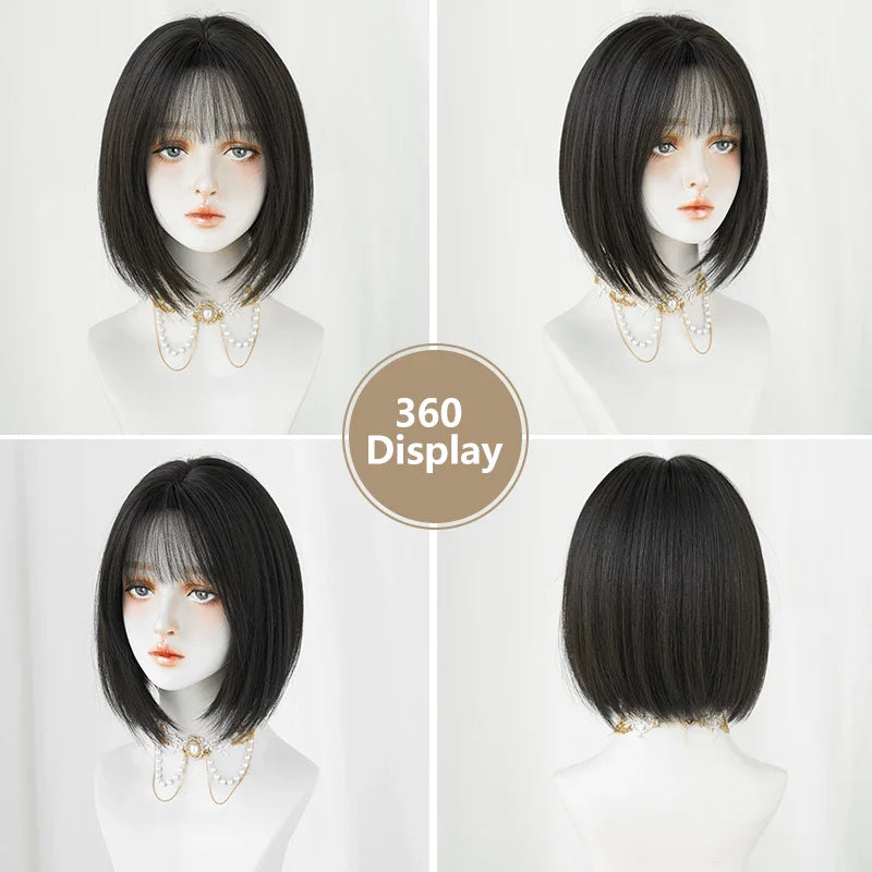 Ddbos Layered Wig Synthetic Short Straight Bob Wig for Women Daily Use High Density Dark Brown Wigs with Curtain Bangs