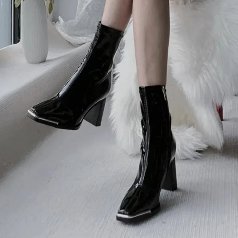 Ddbos Fashion Women Thick High Heel Ankle Boots Solid Patent Leather Office Pumps 2024 Autumn Mujer Square Toe Short Boots