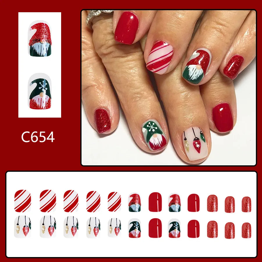 Ddbos 24Pcs Red Santa with Colorful Light Design Christmas Nail Art Tips Short Square Press on Nail Reusable Full Cover Nail for Women