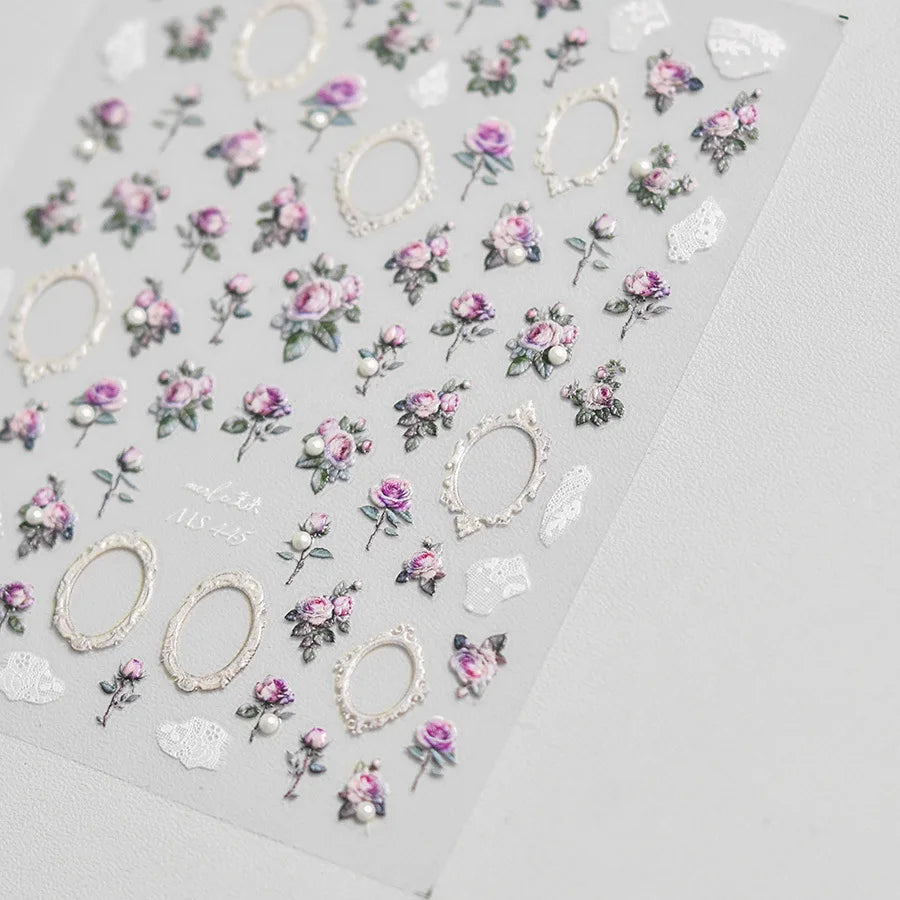 Japanese Small Pink Rose Flower With Crystal Pearl Nail Stickers High Quality Design Adhesive Decal Art Decoration