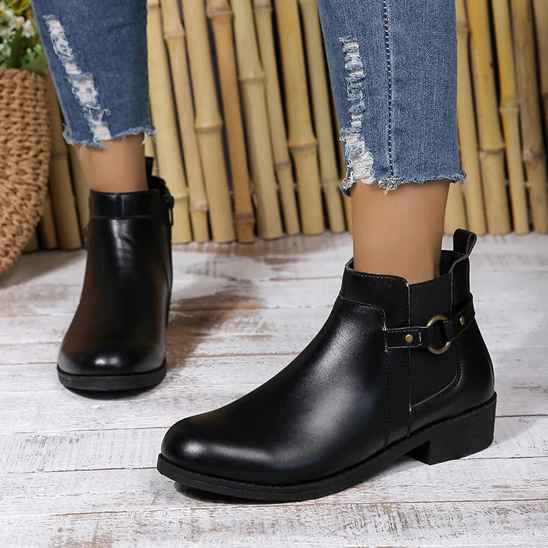 Ddbos Pu Leather Classics Black Thick Heel Ankle Boots Metal Zipper Low Platform Woman Shoes Winter Round Toe Slip On Short Boots