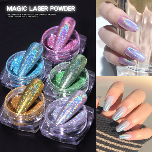 1Box Laser Nail Glitter Holographic Powder for Nails Mirror Polishing Chrome Pigments Shimmer Dip Powders Nail Art Decorations