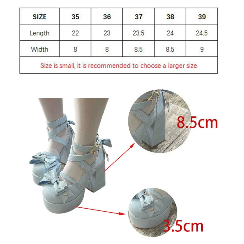 Ddbos Lolita Shoes Women Mary Janes High Heels Shoes Chunky Sandals Summer Fashion Retro Bow Party Platform Pumps