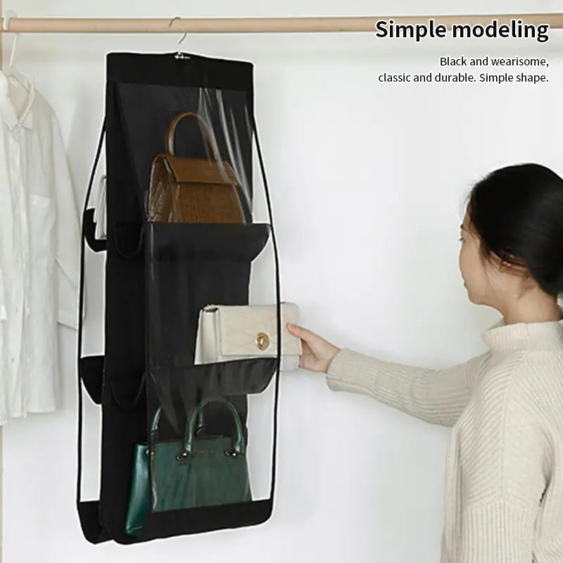 Ddbos Black Handbag Hanging Organizer With 6 Pockets Foldable Oxford Cloth Handbag Storage Bag For Family Closet Bedroom