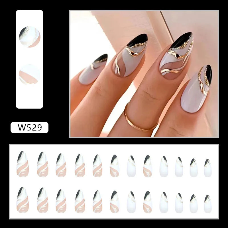 24pcs y2k Cool False Nail Tips Ins Gold Foil Retro Red Fake Nails Manicure Set Almond False Nail Patch for Girl Women Wearable