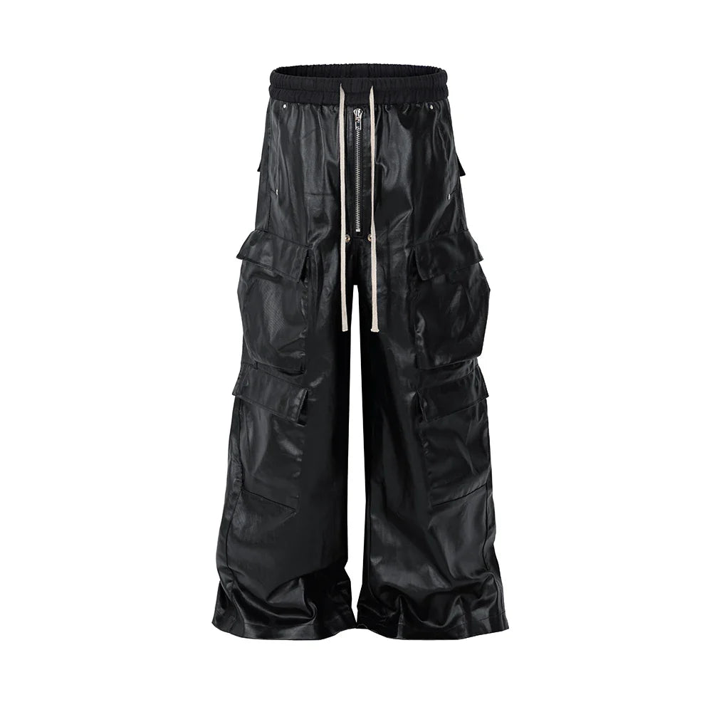 Ddbos RO Style Matte PU Leather Pants for Men High Street Y2k Pantalones Hombre Baggy Overall Wide Leg Drawstring Cargo Pants