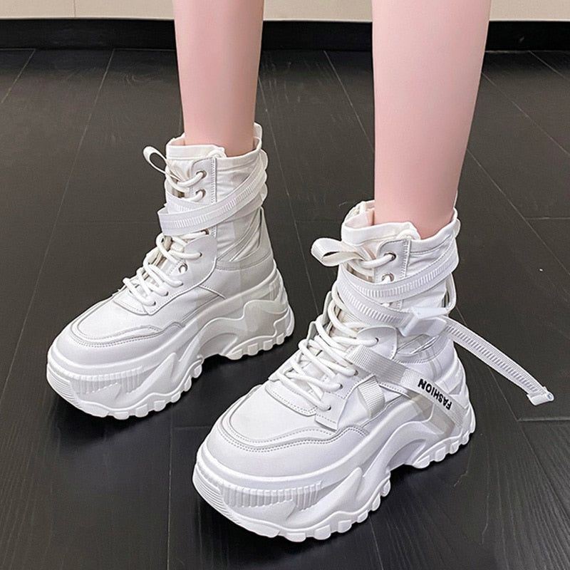 Ddbos Fashion Women Chunky Platform Motorcycle Boots White Lace Up Thick Bottom Shoes Woman Autumn Winter Ankle Botas De Mujer