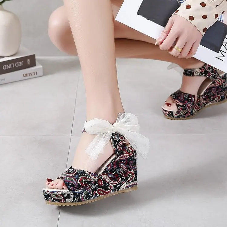 Ddbos Summer Beach Boho Floral Wedge Sandals Women Ankle Strap Platform Gladiator Shoes Woman High Heels Sandalias Mujer