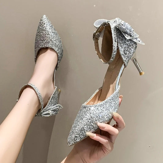 Ddbos Luxury Silver Sequin High Heels Wedding Shoes Women Autumn Crystal Bowtie Ankle Straps Bridal Shoes Woman Thin Heeled Pumps