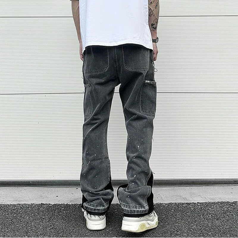 Ddbos Graffiti Black Flared Jeans Men Vintage Hip Hop Patches Splashed Ink Wide Leg Jeans Y2k Streetwear Baggy Washed Denim Pants