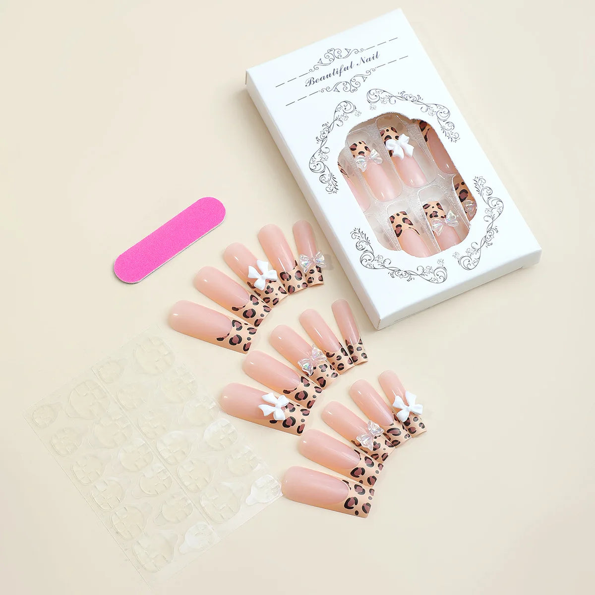 Ddbos 24Pcs Wearable False Nails Long Ballerina Press On Nails French Coffin Fake Nails tip with rhinestones Leopard Print Nail