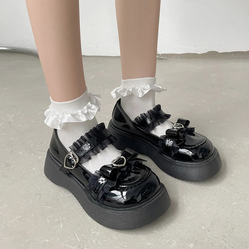 Ddbos Kawaii Lace Bowknot White Lolita Shoes Women Heart Buckle Platform Mary Janes Woman Japanese Style Patent Leather Jk Shoes