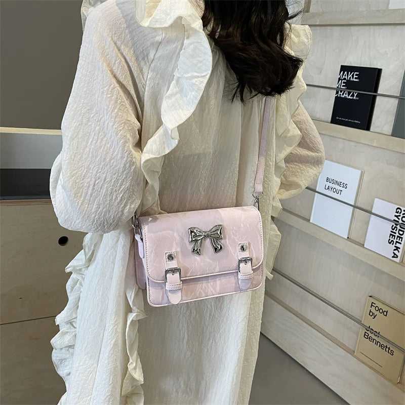 Ddbos Bow Small Crossbody Bags for Women 2024 Korean Fashion Silver PU Leather Shoulder Bag Underarm Bags Handbags and Purses