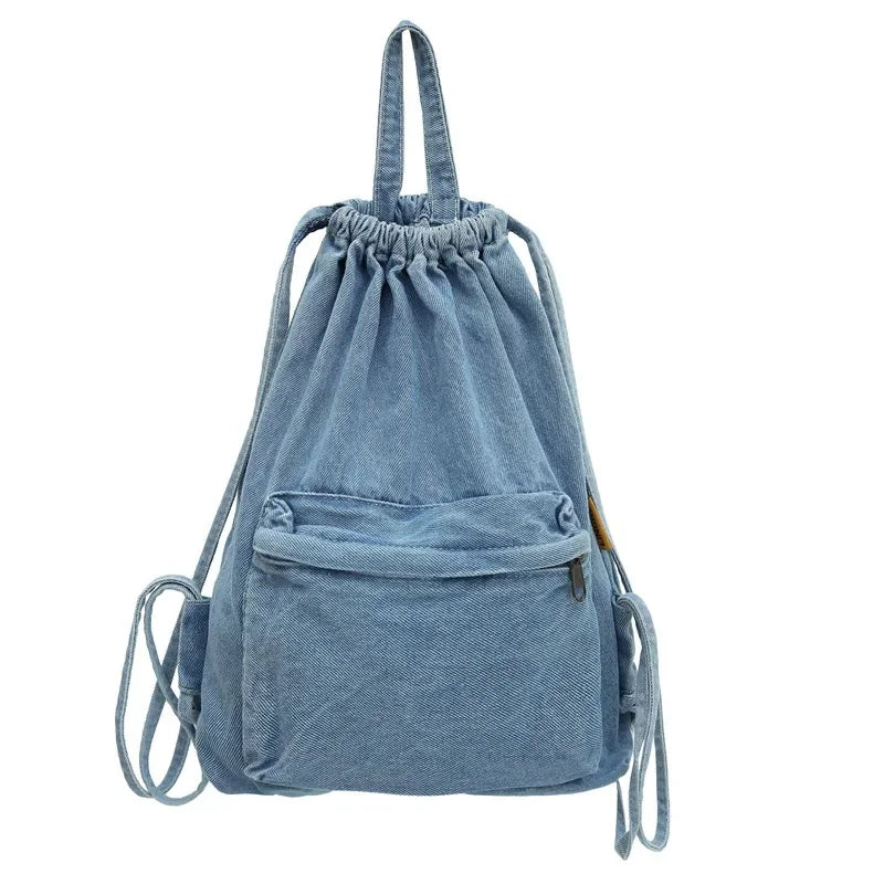 Ddbos Mochila Washed Drawstring Canvas Bag for Women's Retro Fashion Travel Backpack Unisex Solid Color Denim Backpack