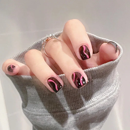 Ddbos 24pcs Short y2k False Nail Wave Line Heart Black Press on Nail Street Style Art Manicure Set Round Head Glossy Fake Nail Patch