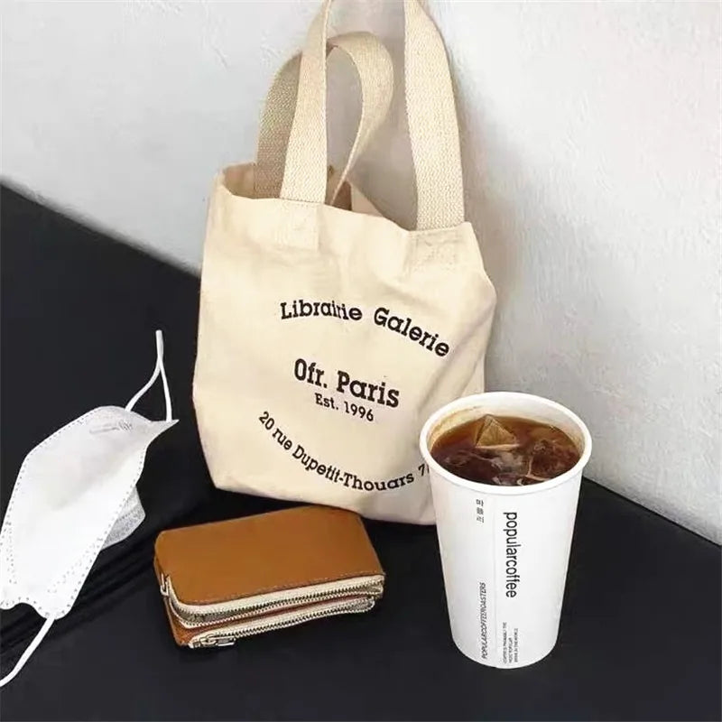 Ddbos Women Mini Tote Handbag Korean Style Letter Print Canvas Shopping Bag for Boutique Female Letter Lunch Bag Tote Pouch