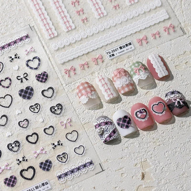 Ddbos 1pcs 5D Relief Kawaii Lace Series Nail Art Stickers Pink Bow Heart Nail Decoration Decals Self-Adhesive Manicure Accessories DIY