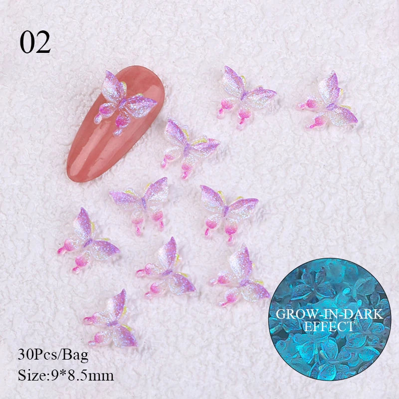 30/20Pcs Auroras White Butterfly 3D Nail Art Decoration DIY Colorful Nail Charms Manicure Glow in dark Nail Decoration Jewelry