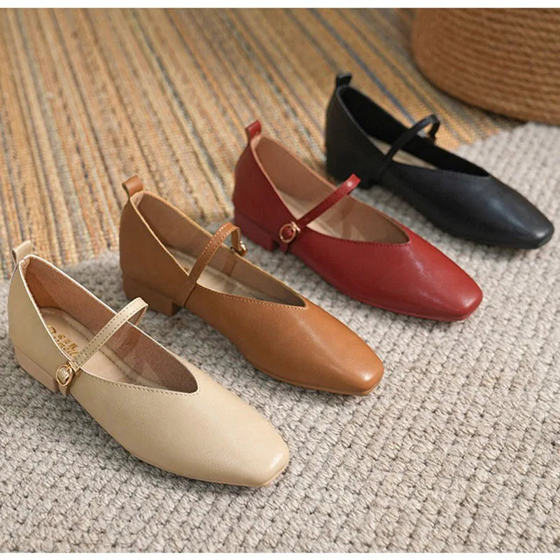 Ddbos Woman Spring Casual Square Toe Low Soft Soled Shoes Lolita Ballerina Red Flats Female Elegant French Retro Buckle Mary Janes