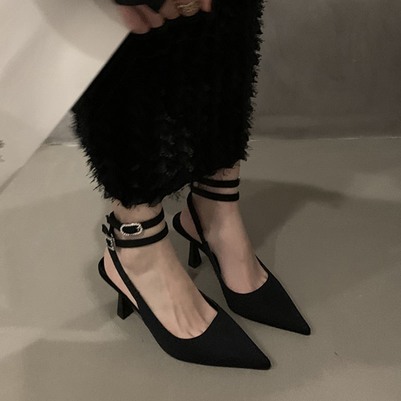 Ddbos Slingbacks High Heels Pumps Women New Pointed Toe Thin Heeled Party Shoes Woman Solid Color Ankle Buckle Summer Sandals