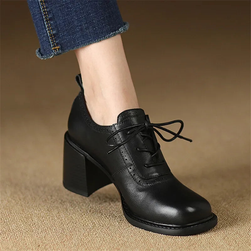 Ddbos New Spring Genuine Leather Women Shoes Square Toe Women Pumps Shoes for Women High Heel Chunky Heel Shoes Zapatos Mujer Loafers