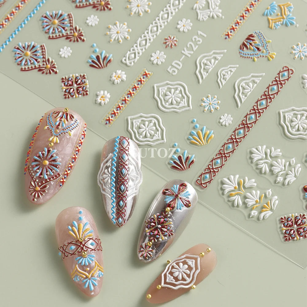 5D Bohemian Embroidery Boho Nail Stickers Colorful Mandala Nail Decals White Acrylic Flowers Tulips Manicure Sliders GL5DK231