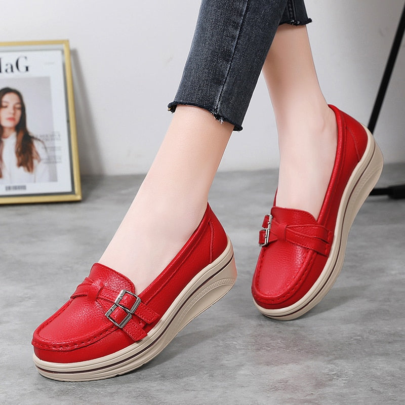 Ddbos New Spring Autumn Women Flats Platform Loafers Ladies Leather Comfort Wedge Moccasins Orthopedic Slip On Casual Shoes 35-42