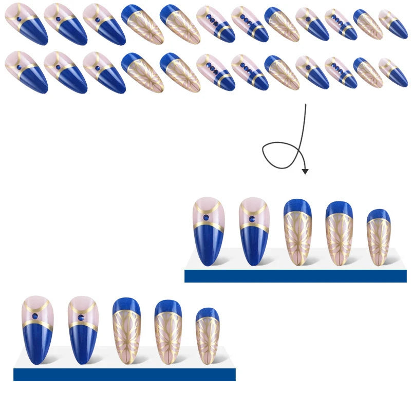 Ddbos 24pcs Mid-length Almond Shape Press On Nails, Blue Fake Nail With Rhinestone Decor, Glitter Full Cover Nails For Women