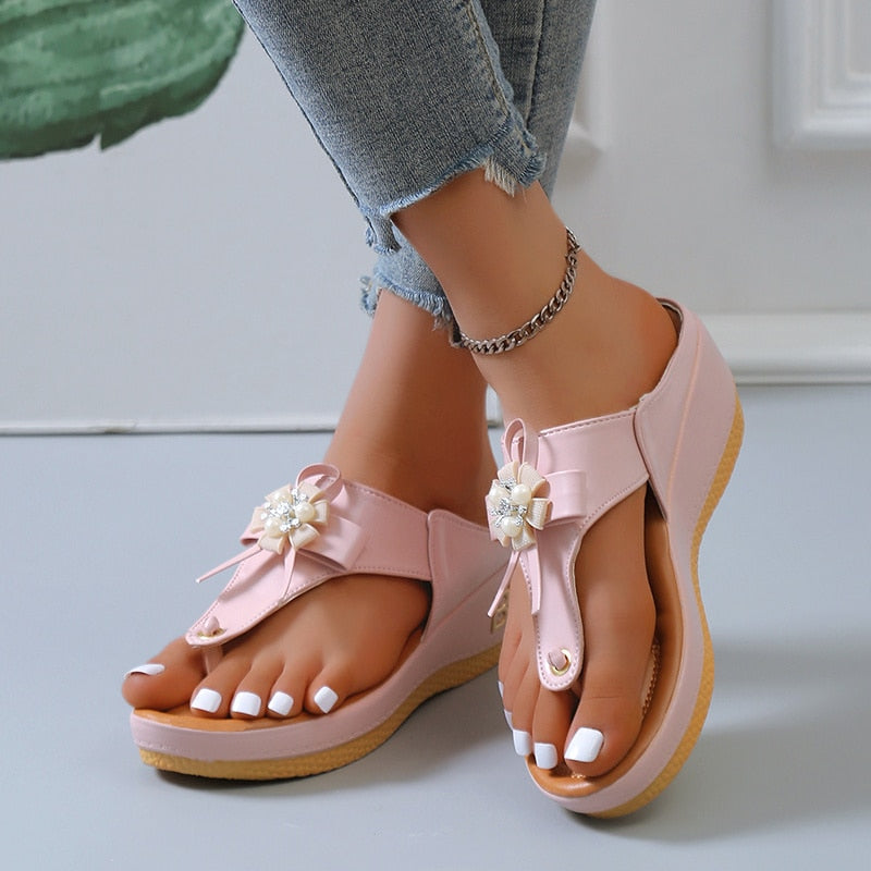 Ddbos New In Retro Ladies Slippers Summer New Beaded Pearl Buckle Flowers Decorative Fashion Women's Shoes Women's Wedge Beach Shoes