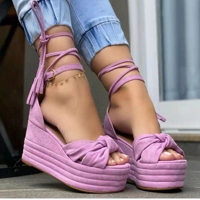 Ddbos Women Wedges Sandals Summer Fashion Lace Up Round Head Casual Office Party Wedding Shoes Ladies Sandals Large Size 36~43