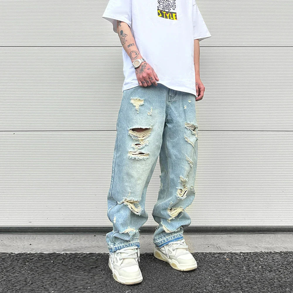 Ddbos Washed Blue Oversized Torn Jeans for Men Streetwear Hip Hop Large Destroyed Wide Leg Jeans Baggy Straight Ripped Denim Pants