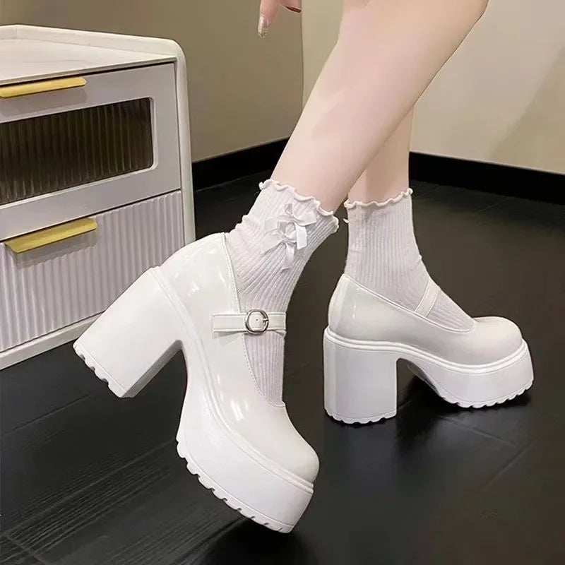 Ddbos Shoes Female Mary Janes Women's High Heels Platform Dress Pump Women Shallow Buckle Strap Round Toe Chunky Heel Shoes Women