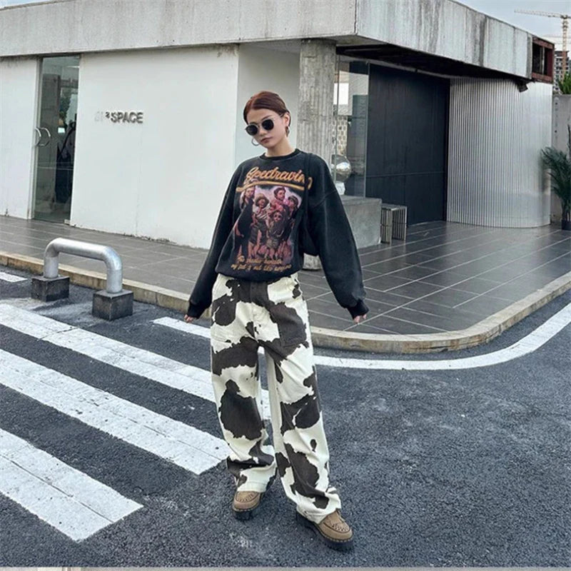 Ddbos Women's Cow Patterned Printed Casual Pants High Waisted Straight Vintage 90s Streetwear Female Casual Loose Tie Dye Trouser