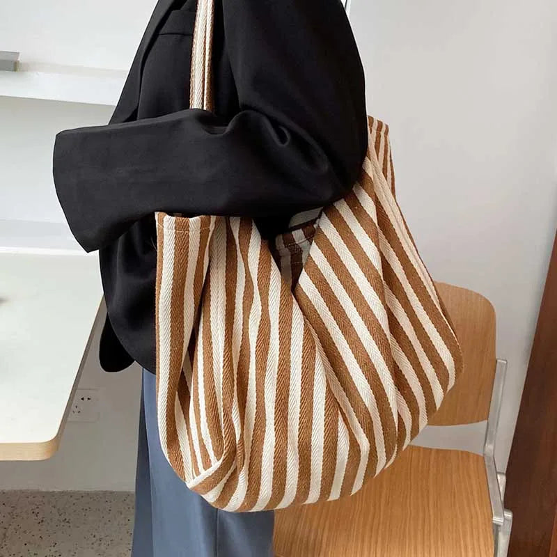 Ddbos Women's Tote Bag Striped Canvas Casual Handbags For Women Simple Shopping Large Capacity Woman Shopper School Shoulder Bag