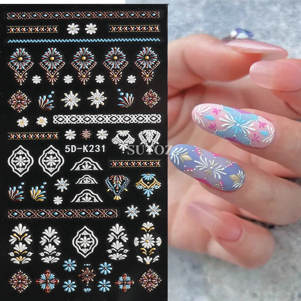 5D Bohemian Embroidery Boho Nail Stickers Colorful Mandala Nail Decals White Acrylic Flowers Tulips Manicure Sliders GL5DK231