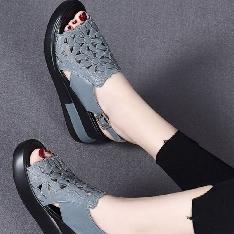 Summer Wedge Shoes for Women Sandals Open Toe Platform Hollow Flowers Retro Lady High Heel Buckle Strap Casual Female Sandalias