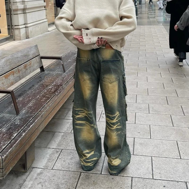 Ddbos Y2k Hip Hop Retro Streetwear Mens Jeans Distressed Faded Washed Oversized Pockets Loose Cargo Pants High Street Wide Leg Pants