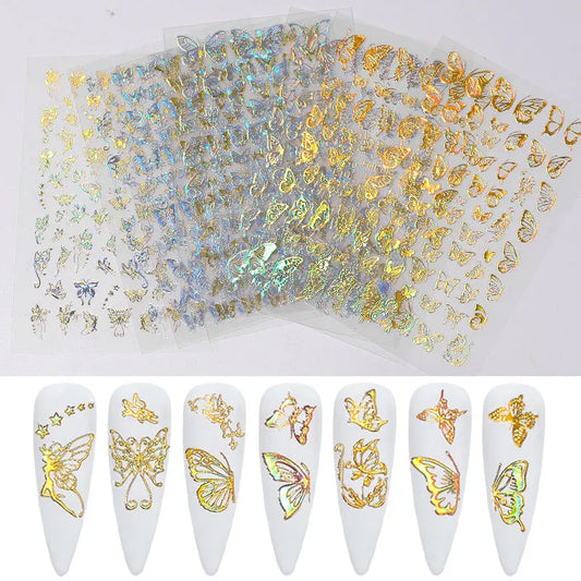 Ddbos 3D Laser Nail Stickers for Nail Art Decorations Gold Sliver Butterfly Nail Bronzing Stereoscopic Decals