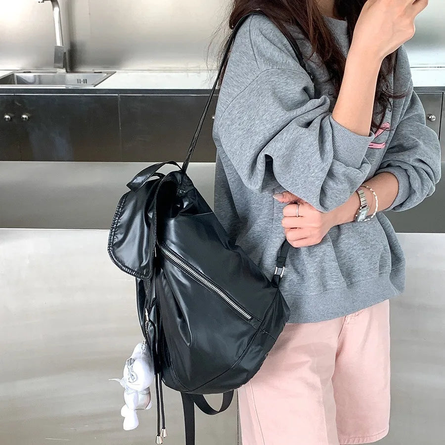Ddbos Retro Style Pu Leather Women Backpack Casual Women Travel Backpack Harajuku School Students Drawstring Flap Nylon Backpack