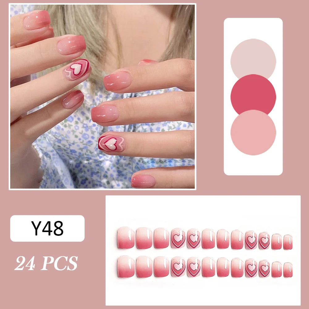 24pcs Love Peach Heart Fake Nail Tips Gradient Pink Sweet Girl False Nails Korean Simple Short Press on Nail