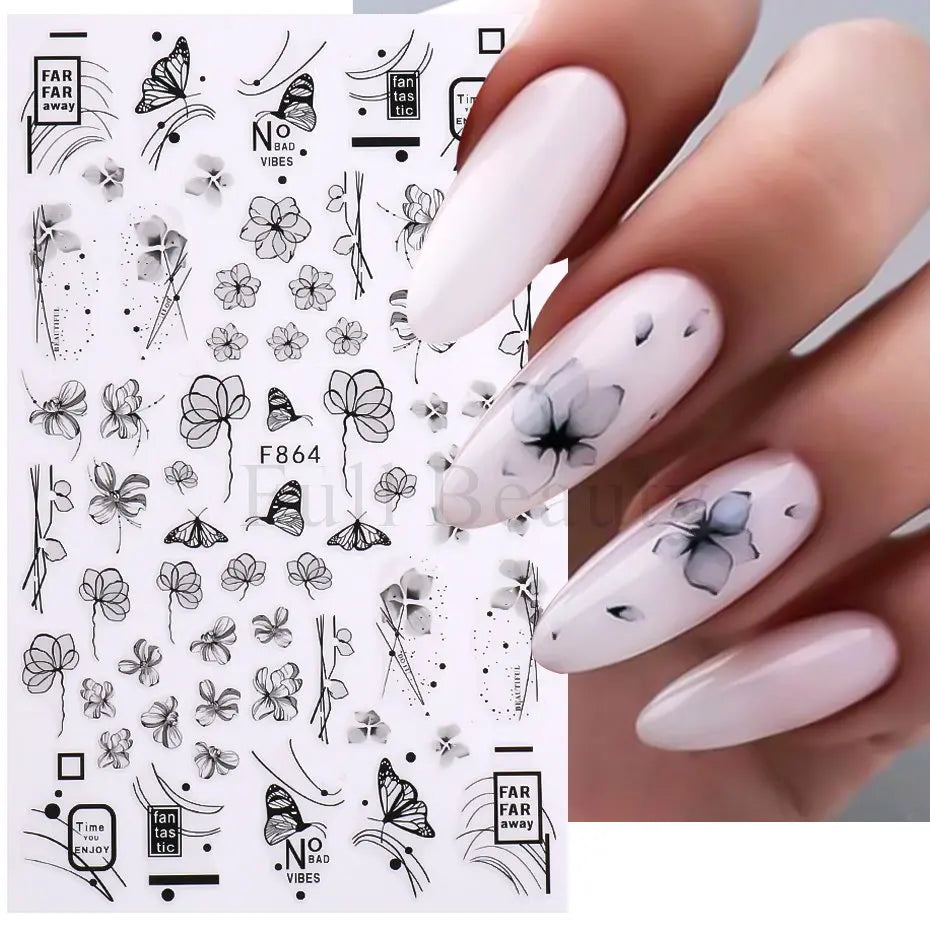 Ddbos 1PC Black Leaf 3D Adhesive Sticker For Nail Geometric Lines Spring Flower Leaves Butterfly Nail Decor Decal Manicure Accessories