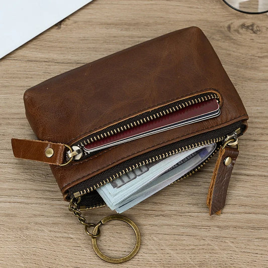 Ddbos Genuine Leather Zipper Coin Wallet Men Wowen Natural Leather Small Short Purse Card Holder Cash Clutch Wallets Key Ring