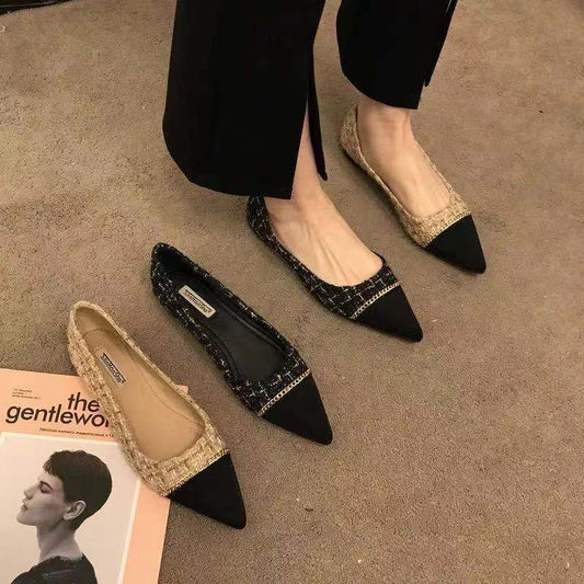 Flat Shoes Spring New Chain Color Matching Fragrance Flat Shoes Female Korean Version of Joker Pointed Shallow Soft Shoes