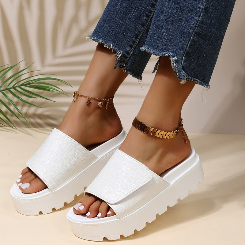 Ddbos Black PU Leather Platform Slippers Women Plus Size 43 Thick Soled Sandals Woman Summer Non-slip Slides Shoes Female