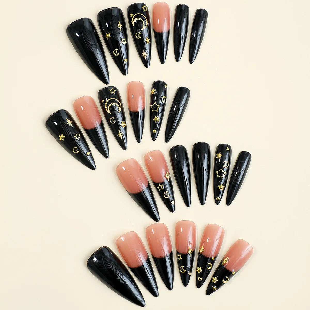 Fashion Long Pointed False Nails French Black Gold Moon Star Decor Press on Nails Detchable Artificial Nails for Girl Lady 24pcs