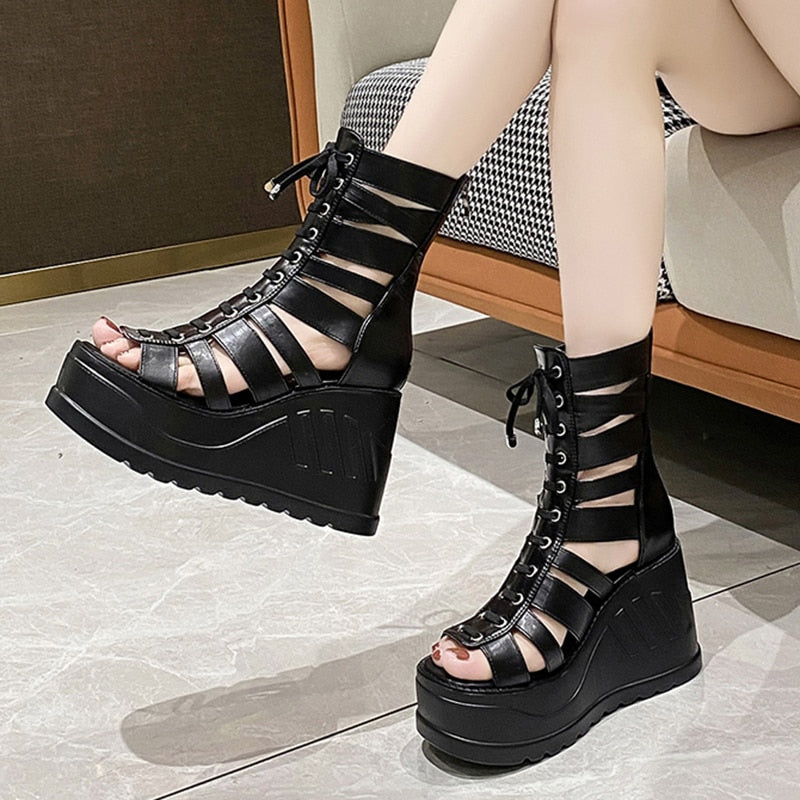 Ddbos Gothic Chunky Platform Sandals Women Summer Punk Wedge High Heels Gladiator Shoes Woman Hollow Out Thick Bottom Sandalias
