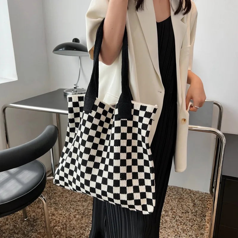 Ddbos Y2K Vintage Checkered Crochet Tote Shopper Bag Retro Minimalism Contrast Color Fashion Knit Handwoven Soft Hook Black and White