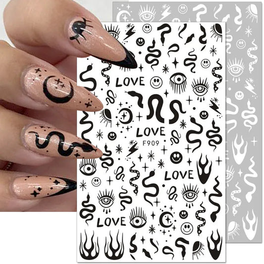 Ddbos 1PCS 3D Black and White Nail Art Stickers Nail Art Decoration Star Moon Butterfly Nail Decal Color Snake Sticker Manicure